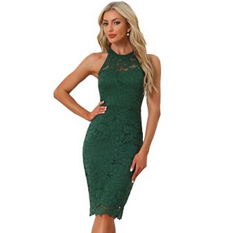 Elegant Lace Dress For Women's Halter Neck Sleeveless Bodycon Cocktail Sheath Dress