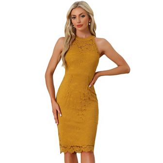 Elegant Lace Dress for Women's Halter Neck Sleeveless Bodycon Cocktail Sheath Dress