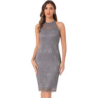Elegant Lace Dress For Women's Halter Neck Sleeveless Bodycon Cocktail Sheath Dress