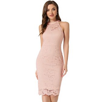 Elegant Lace Dress for Women's Halter Neck Sleeveless Bodycon Cocktail Sheath Dress