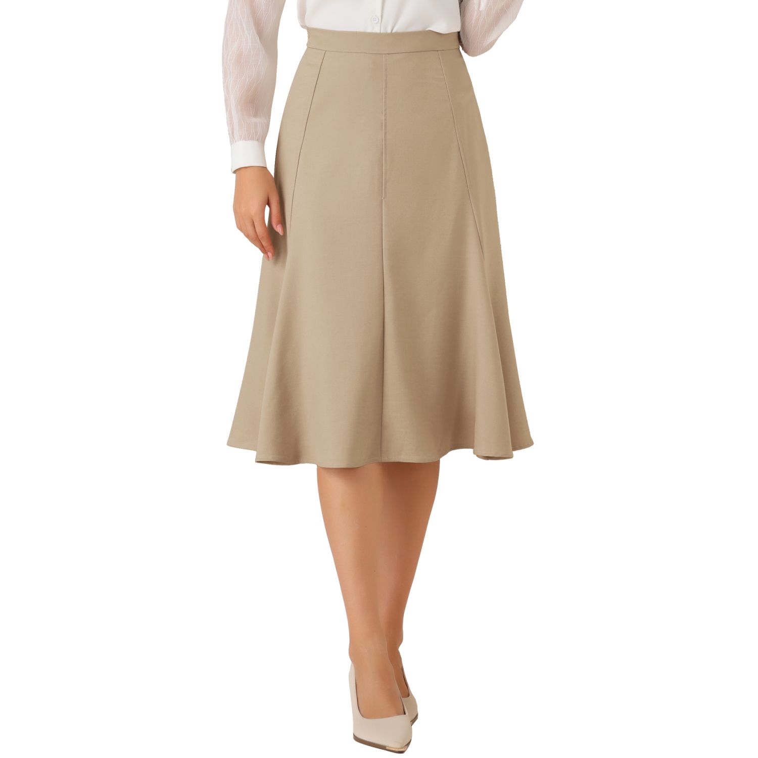 Flared a Line Midi Skirt for Women Side Zipper High Waist Elegant
