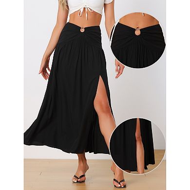 Women's Maxi Boho Skirt Summer Flowy Smocked Waist Cutout Boho Skirt