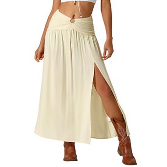 Women's Maxi Boho Skirt Summer Flowy Smocked Waist Cutout Boho Skirt
