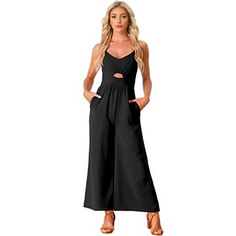 Women's Casual Sleeveless Cut Out Smocked Loose Wide Leg Romper Summer Jumpsuits