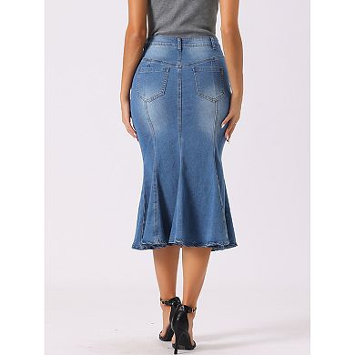 Fishtail Denim Skirt for Women Washed Midi Jean Bodycon Skirt
