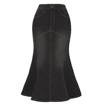 Fishtail Denim Skirt for Women Washed Midi Jean Bodycon Skirt