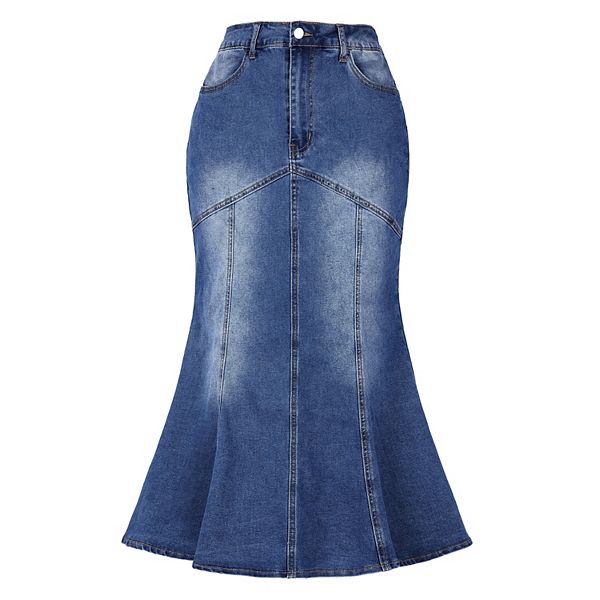 Fishtail Denim Skirt for Women Washed Midi Jean Bodycon Skirt