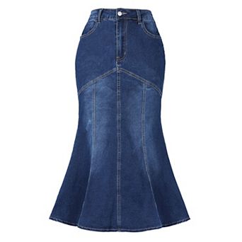 Fishtail Denim Skirt for Women Washed Midi Jean Bodycon Skirt