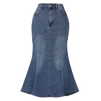 Fishtail Denim Skirt for Women Washed Midi Jean Bodycon Skirt