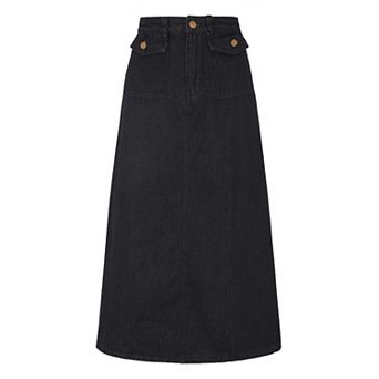 Long Denim Skirt for Women's Casual High Waisted Flap Pocket A-Line Jean Skirt