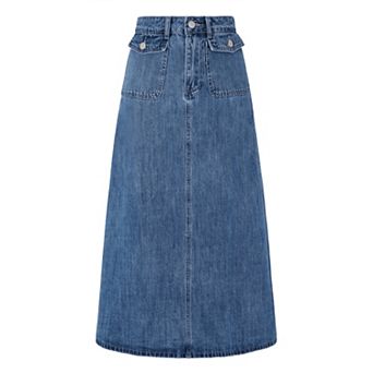 Long Denim Skirt for Women's Casual High Waisted Flap Pocket A-Line Jean Skirt