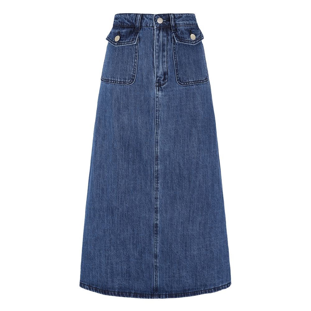 Long Denim Skirt for Women's Casual High Waisted Flap Pocket A
