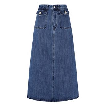 Long Denim Skirt for Women's Casual High Waisted Flap Pocket A-Line Jean Skirt