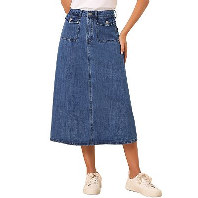 Long Denim Skirt For Women s Casual High Waisted Flap Pocket A line Jean Skirt