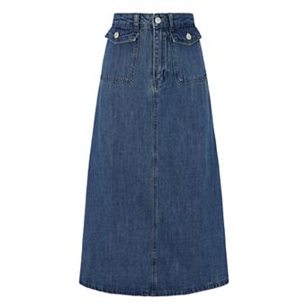 Long Denim Skirt for Women's Casual High Waisted Flap Pocket A-Line Jean Skirt