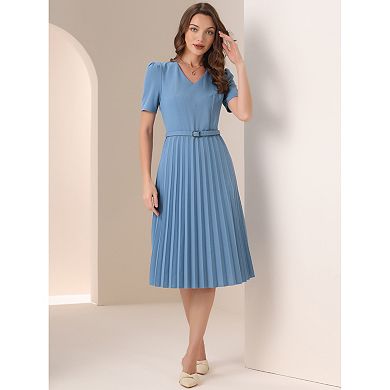 Work Dresses for Women's V-Neck Short Sleeve Belted A-Line Pleated Dress