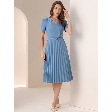 Work Dresses For Women's V-neck Short Sleeve Belted A-line Pleated Dress