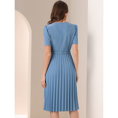 Work Dresses for Women's V-Neck Short Sleeve Belted A-Line Pleated Dress