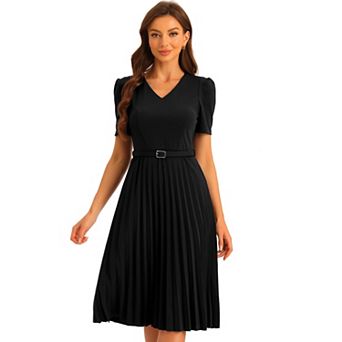 Work Dresses For Women's V-neck Short Sleeve Belted A-line Pleated Dress