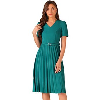 Work Dresses For Women's V-neck Short Sleeve Belted A-line Pleated Dress