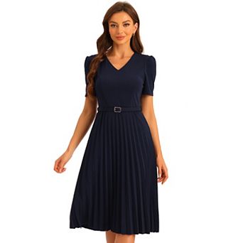Work Dresses For Women's V-neck Short Sleeve Belted A-line Pleated Dress