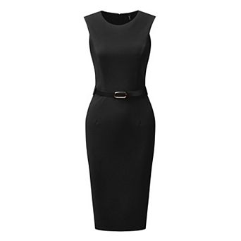 Belted Sheath Dress for Women's Round Neck Sleeveless Casual Office Dresses