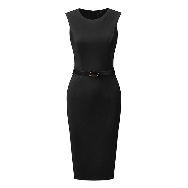 Belted Sheath Round Neck Sleeveless Casual Office Dress, Sky Blue / M