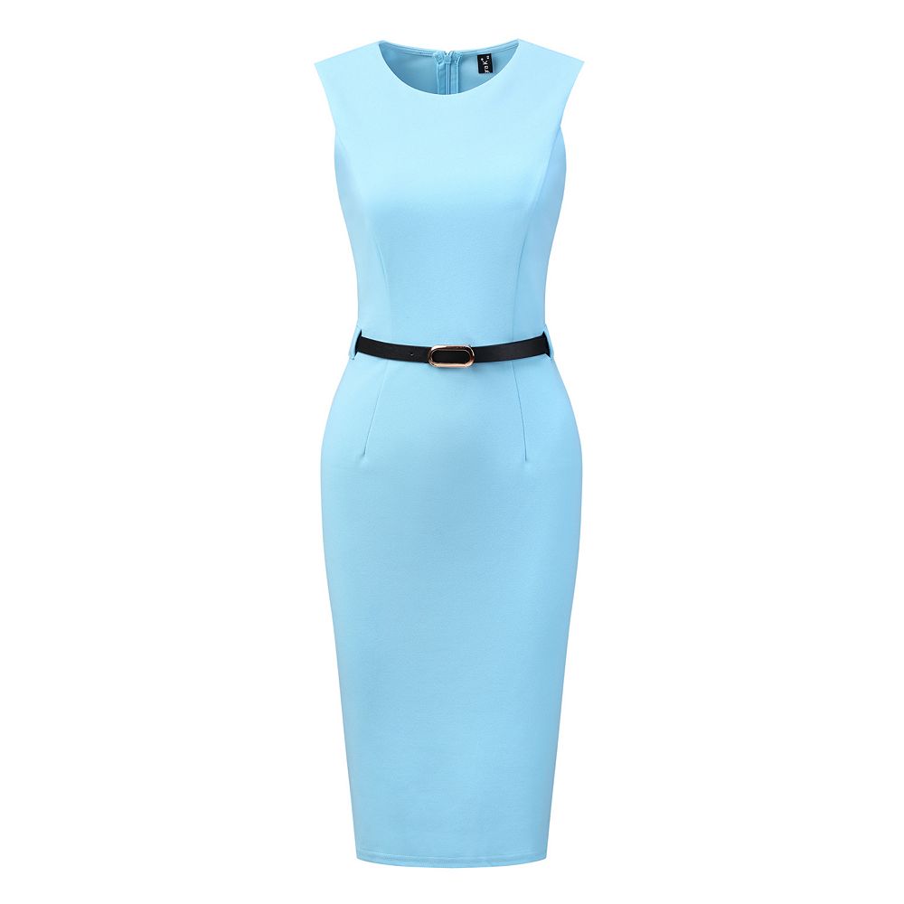Belted Sheath Round Neck Sleeveless Casual Office Dress, Sky Blue / M