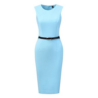 Belted Sheath Dress for Women's Round Neck Sleeveless Casual Office Dresses