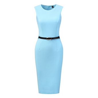 Belted Sheath Dress for Women's Round Neck Sleeveless Casual Office Dresses