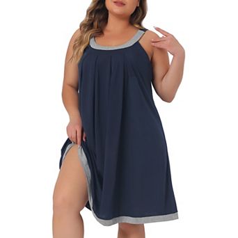 Plus Size Nightgown For Women Sleeveless Contrast Color Wide Strap Pleated Sleepwear