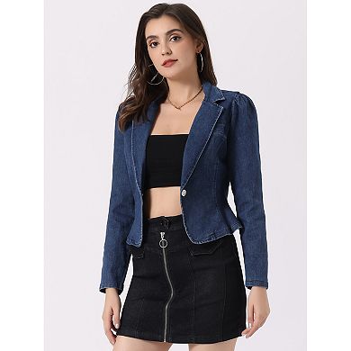 Ebossy Women's Denim Blazer Jacket - Classic Notch Lapel Office Jean Jacket With Slim Fit