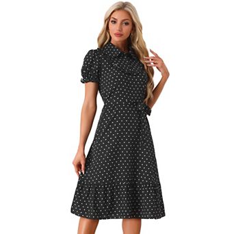 Heart Print Dresses For Women Peter Pan Collar Puffy Short Sleeve Ruffled Dress