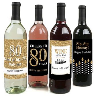 Big Dot Of Happiness Adult 80th Birthday Gold - Party Gift - Wine Bottle Label Stickers 4 ct