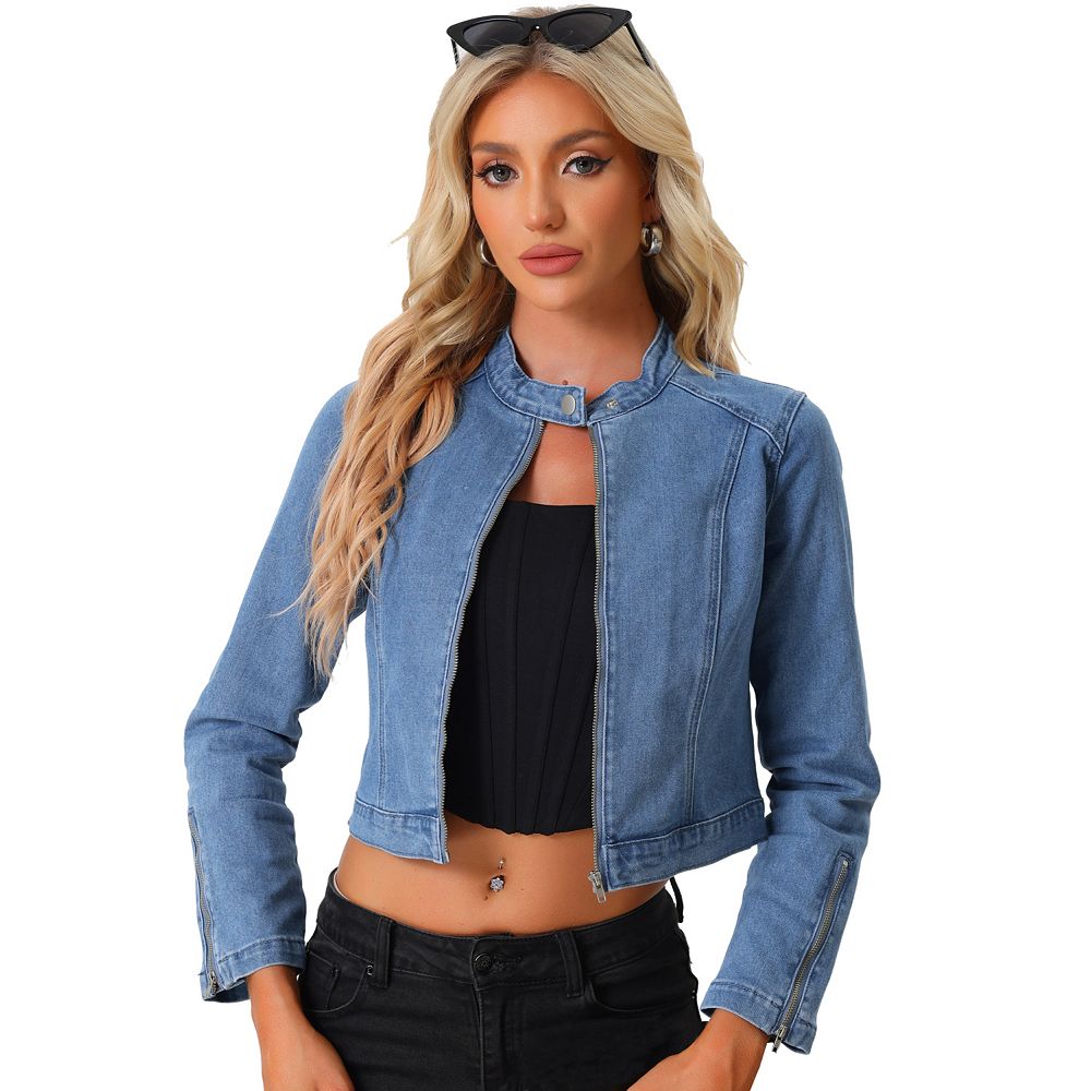 Denim Jacket For Women's Stand Collar Zip Up Long Sleeve