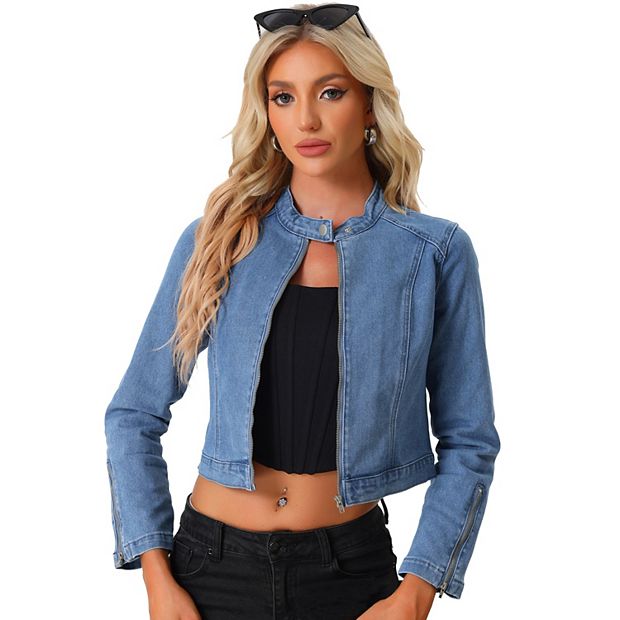 Denim Jacket For Women's Stand Collar Zip Up Long Sleeve
