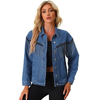 Beads Fringe Denim Jacket For Women's Button Front Western Cowgirl Tassel Jean Jackets