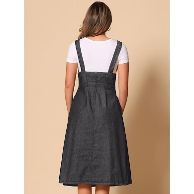 Suspender Dress for Women's Button Front Classic U Neck Overall Denim Midi Dress with Pockets