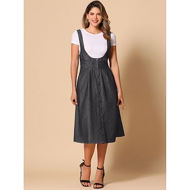 Suspender Dress for Women's Button Front Classic U Neck Overall Denim Midi Dress with Pockets