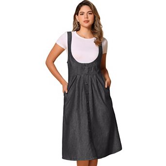 Suspender Dress for Women's Button Front Classic U Neck Overall Denim Midi Dress with Pockets