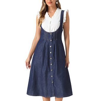 Suspender Dress for Women's Button Front Classic U Neck Overall Denim Midi Dress with Pockets