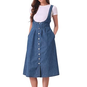 Suspender Dress for Women's Button Front Classic U Neck Overall Denim Midi Dress with Pockets