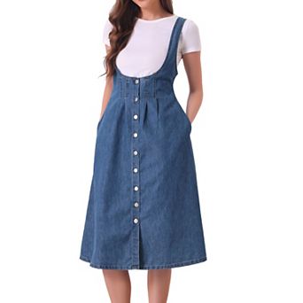 Suspender Dress for Women's Button Front Classic U Neck Overall Denim Midi Dress with Pockets