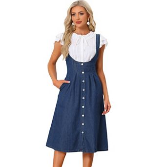 Suspender Dress for Women's Button Front Classic U Neck Overall Denim Midi Dress with Pockets