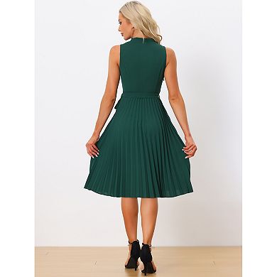 Elegant Pleated Dress For Women's Sleeveless V Neck Belted A-line Midi Dresses