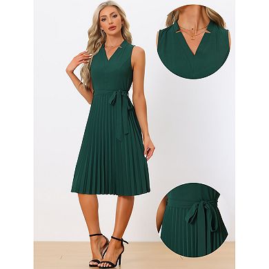 Elegant Pleated Dress For Women's Sleeveless V Neck Belted A-line Midi Dresses