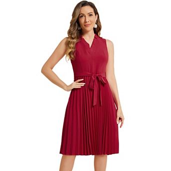 Elegant Pleated Dress For Women's Sleeveless V Neck Belted A-line Midi Dresses