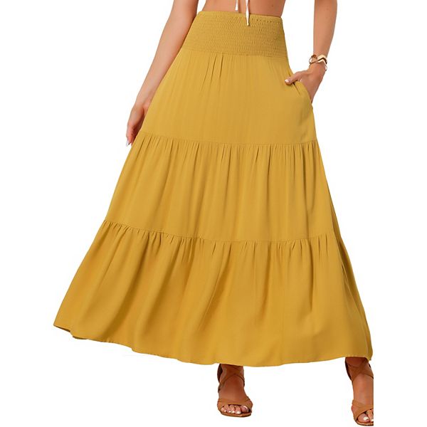 Summer Maxi Skirt For Women's Casual Elastic High Waist Tiered Boho 