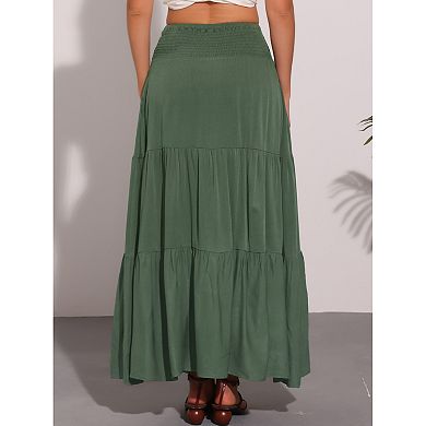 Summer Maxi Skirt for Women's Casual Elastic High Waist Tiered Boho Long Skirts