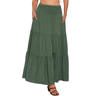 Summer Maxi Skirt For Women's Casual Elastic High Waist Tiered Boho Long Skirts